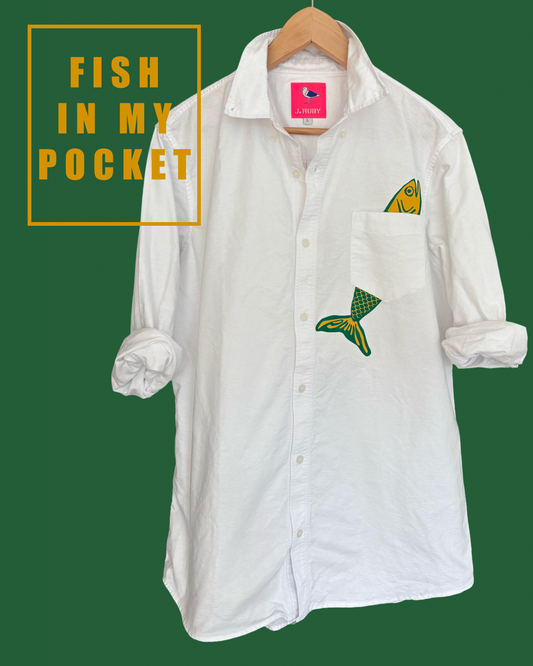 Fish in Pocket White Oxford Unisex Dress Shirt