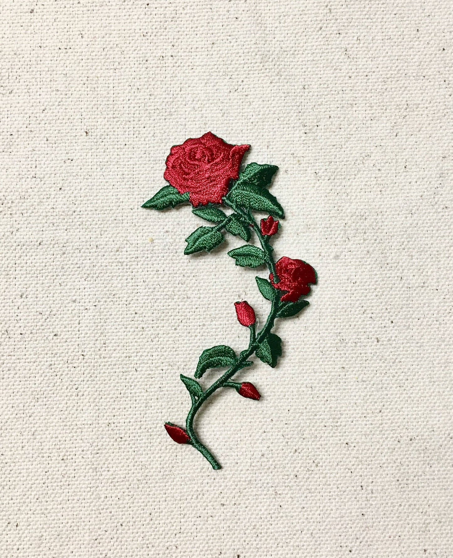 SMALL - Red Rose - Open Petals on Long Stem - Flowers - Facing LEFT or RIGHT - Iron on Applique - Embroidered Patch - 697243: Both Directions