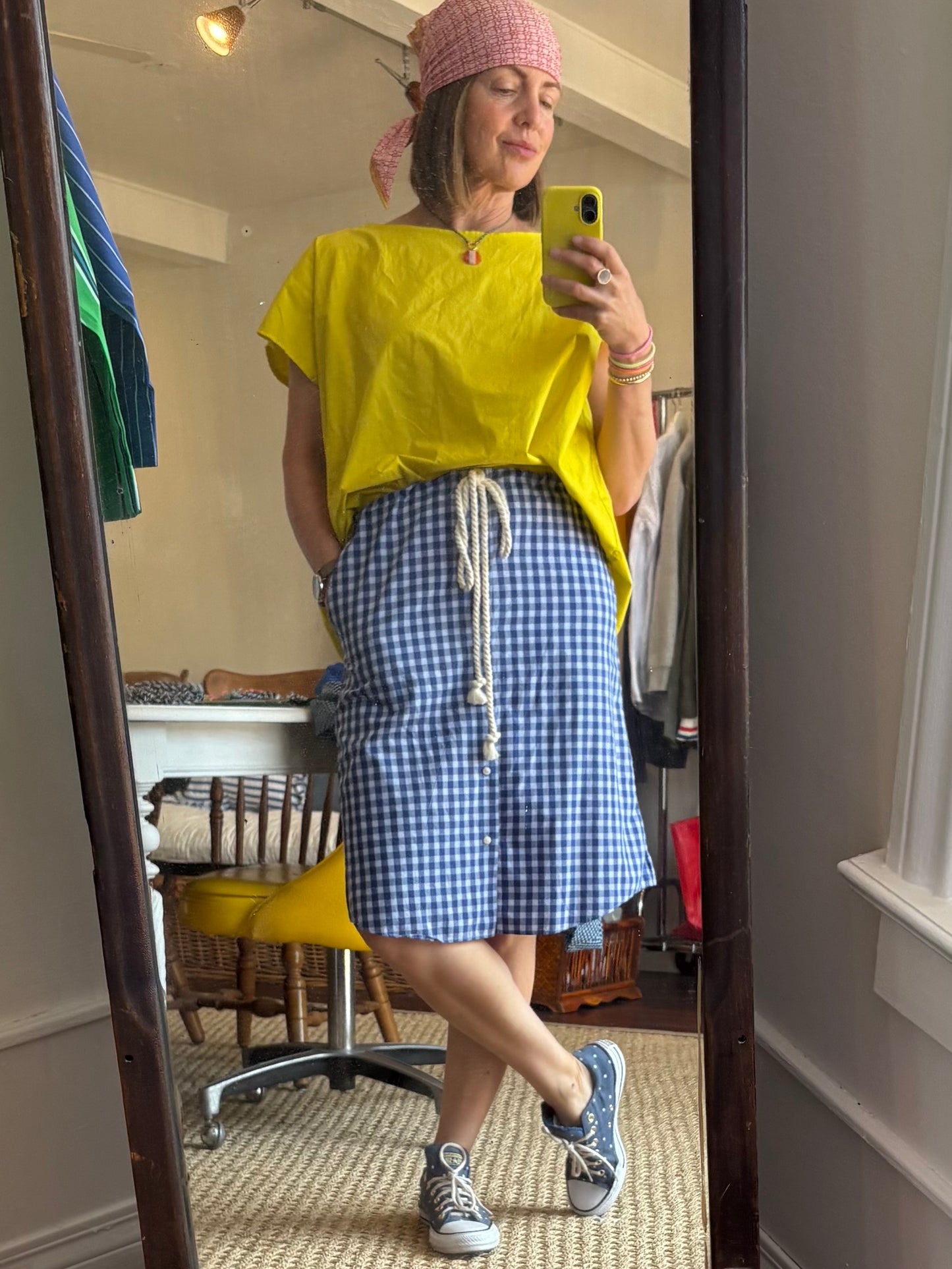 Upcycled Blue White Navy Shirt Skirt with Rope Tie
