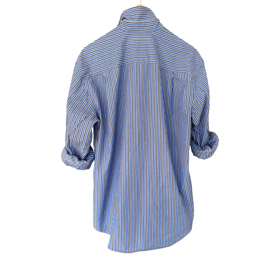 Medium Upcycled Sardine Blue, white and Black Striped Men’s Dress Shirt