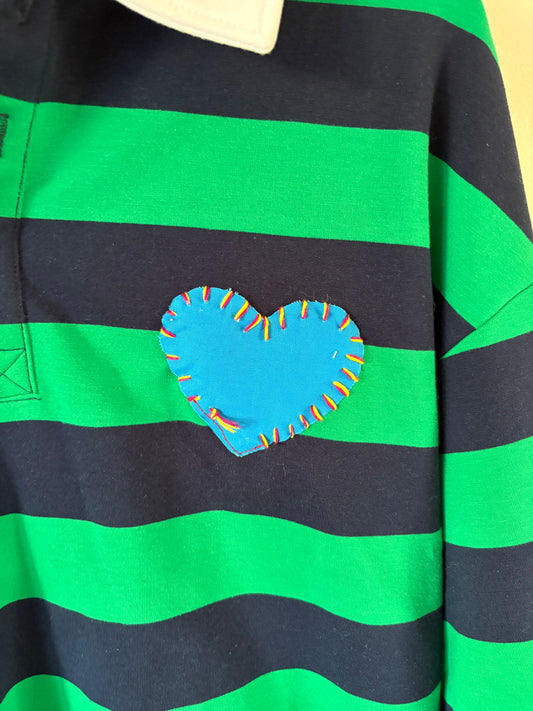 Heart stitched Green & Navy striped Rugby Unisex Medium