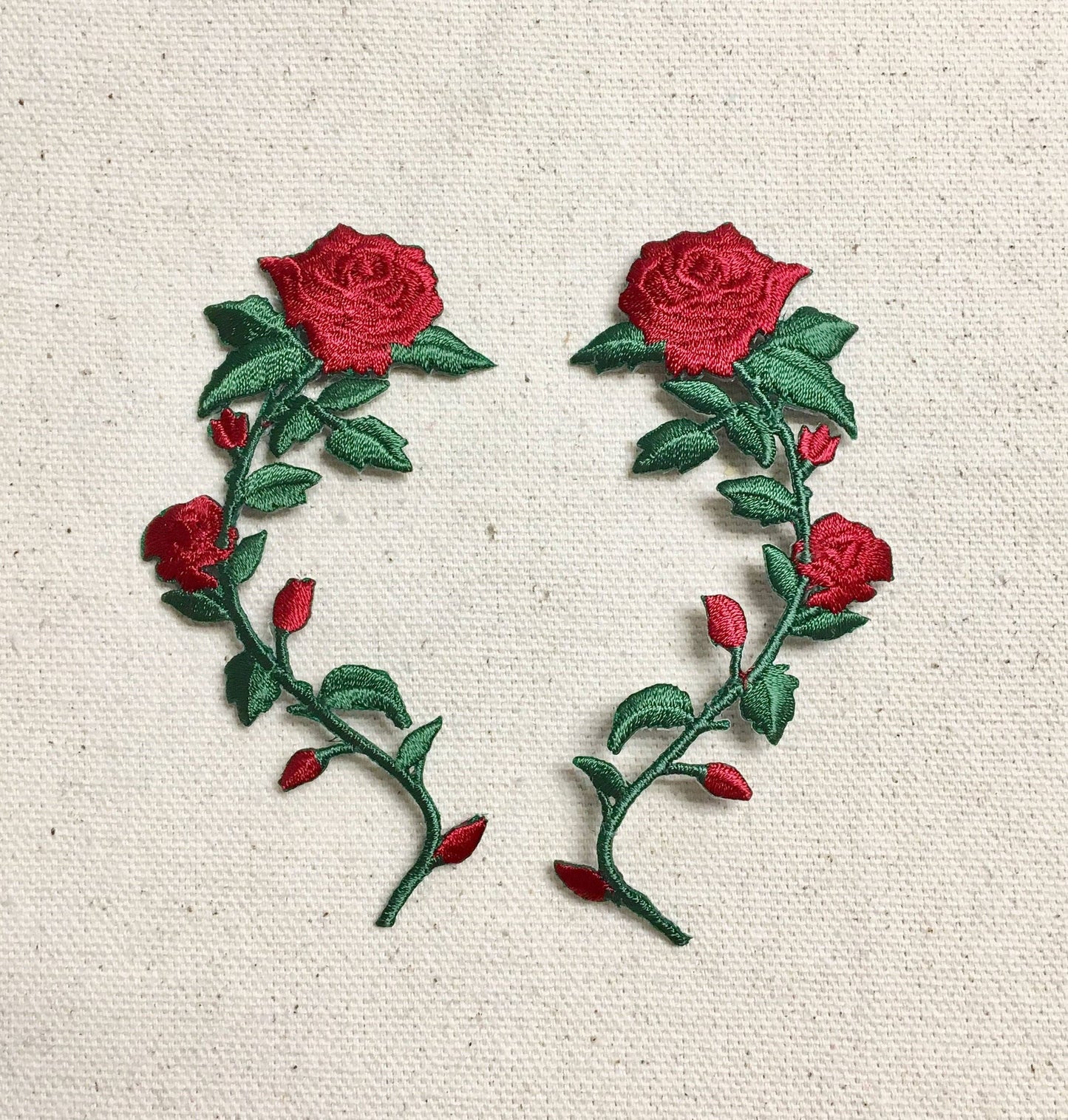 SMALL - Red Rose - Open Petals on Long Stem - Flowers - Facing LEFT or RIGHT - Iron on Applique - Embroidered Patch - 697243: Both Directions