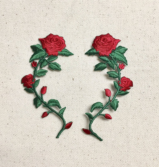 SMALL - Red Rose - Open Petals on Long Stem - Flowers - Facing LEFT or RIGHT - Iron on Applique - Embroidered Patch - 697243: Both Directions