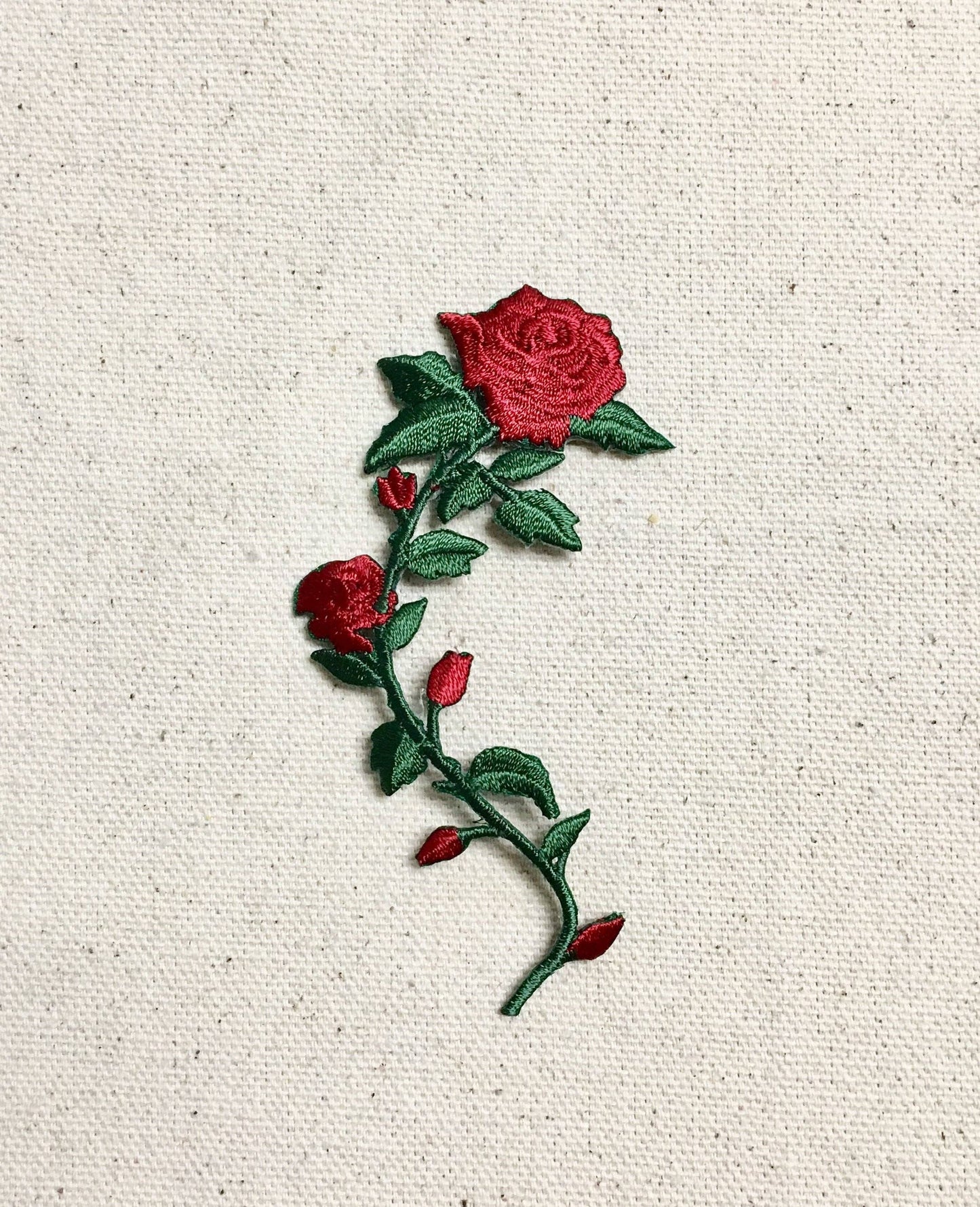 SMALL - Red Rose - Open Petals on Long Stem - Flowers - Facing LEFT or RIGHT - Iron on Applique - Embroidered Patch - 697243: Both Directions