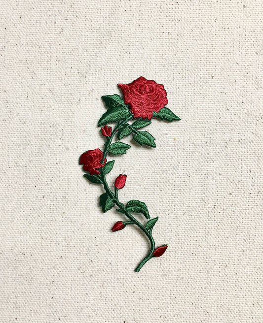 SMALL - Red Rose - Open Petals on Long Stem - Flowers - Facing LEFT or RIGHT - Iron on Applique - Embroidered Patch - 697243: Both Directions