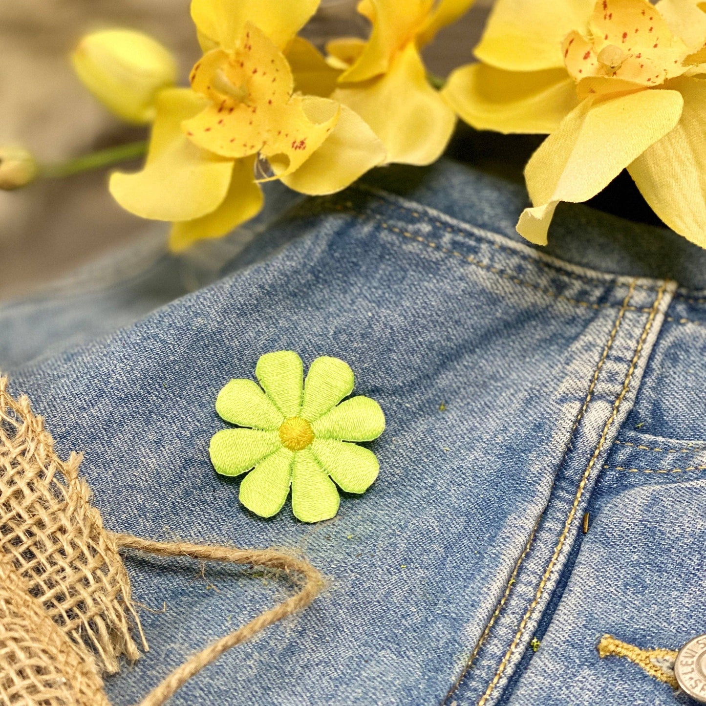 1" Neon Green Daisy Flower, Iron on Patch