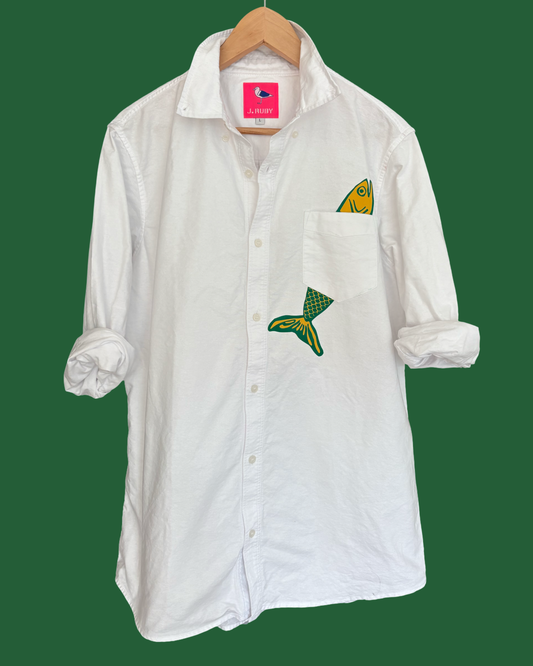 Fish in Pocket White Oxford Unisex Dress Shirt