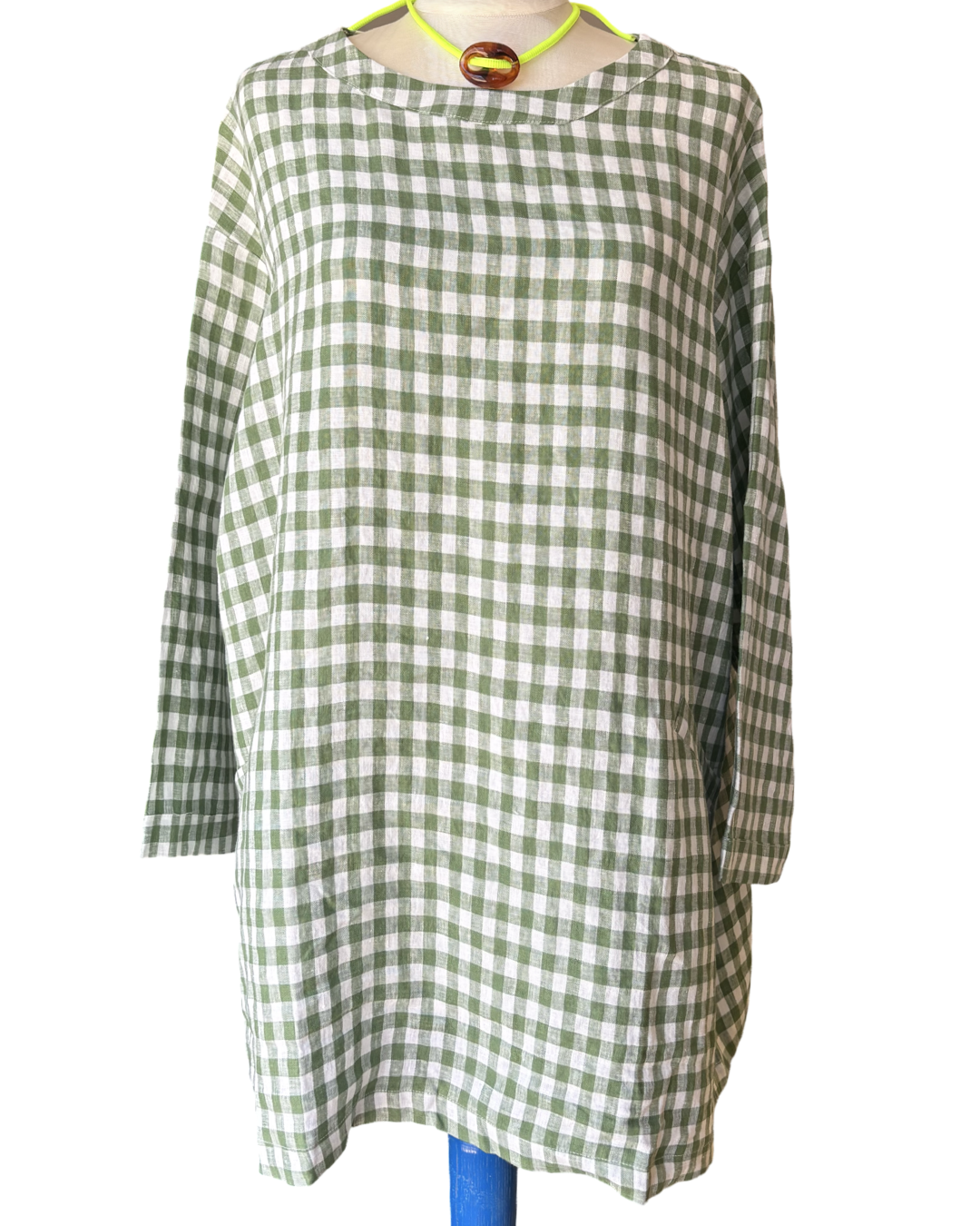GREEN WHITE GINGHAM LINEN TUNIC DRESS