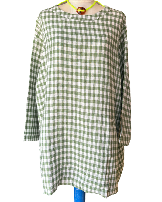 GREEN WHITE GINGHAM LINEN TUNIC DRESS