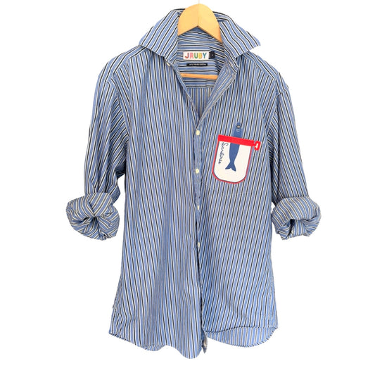 Medium Upcycled Sardine Blue, white and Black Striped Men’s Dress Shirt