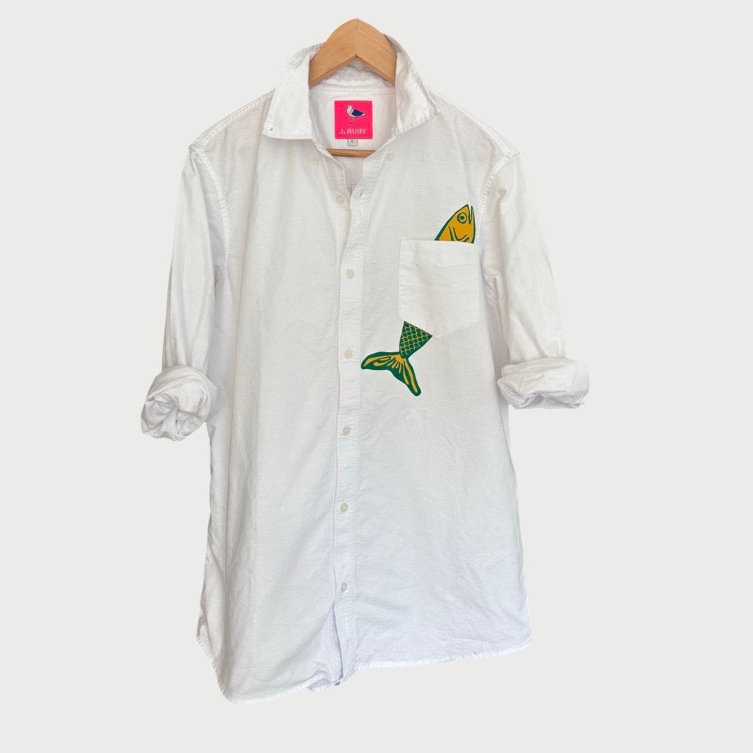Fish in Pocket White Oxford Unisex Dress Shirt