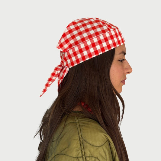 Scarf Hat Red & White Gingham Cotton