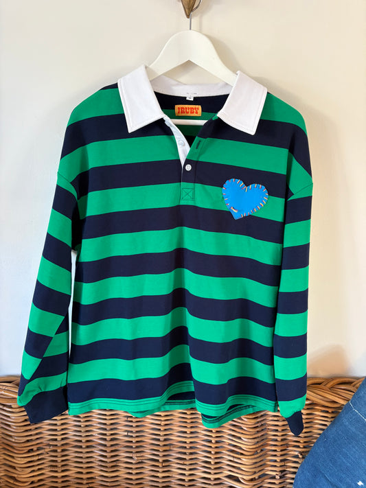 Heart stitched Green & Navy striped Rugby Unisex Medium
