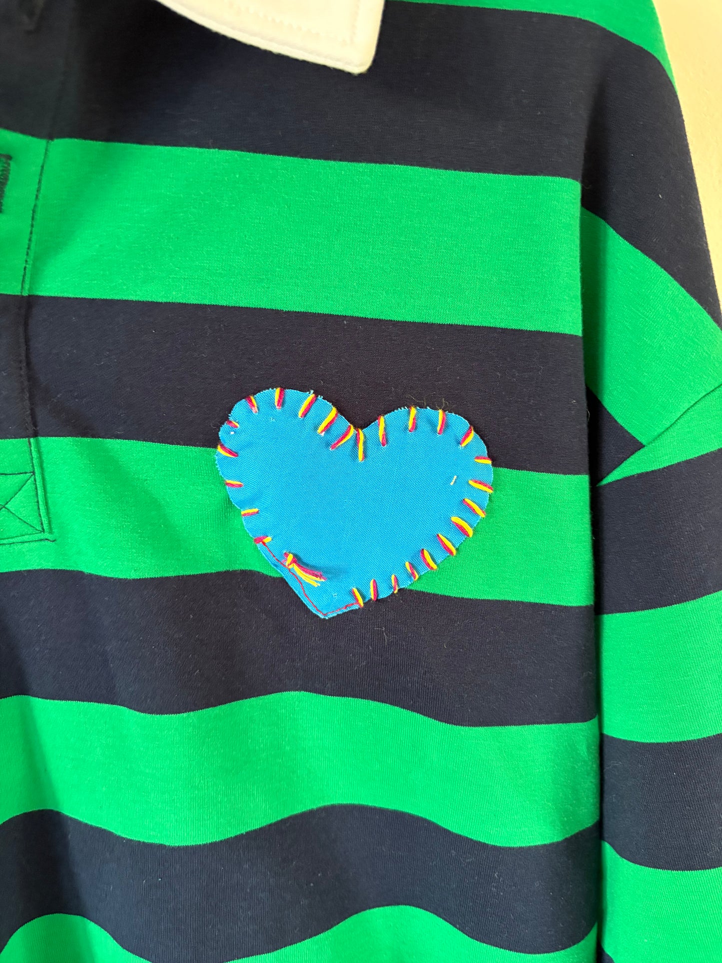 Heart stitched Green & Navy striped Rugby Unisex Medium