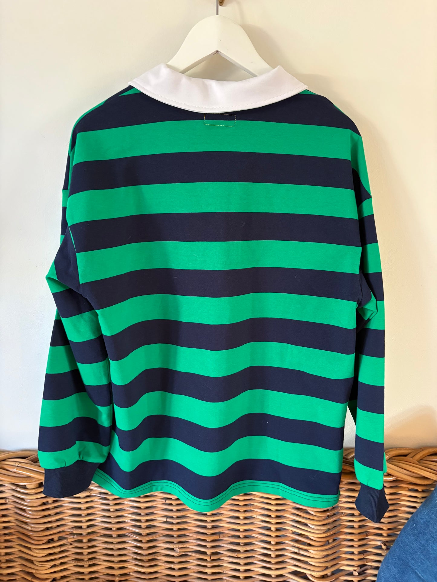 Heart stitched Green & Navy striped Rugby Unisex Medium