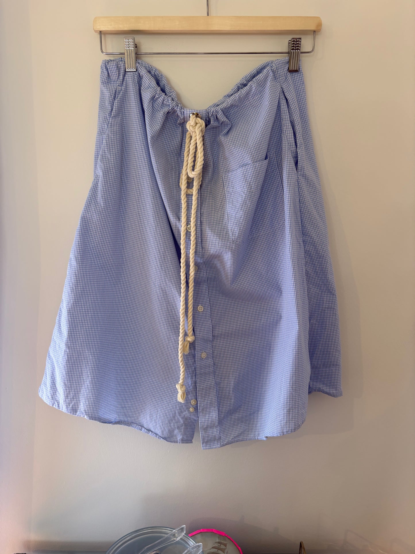 Upcycled Blue White Check 1 Shirt Skirt with Rope Tie