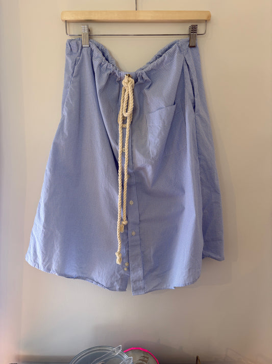 Upcycled Blue White Check 1 Shirt Skirt with Rope Tie