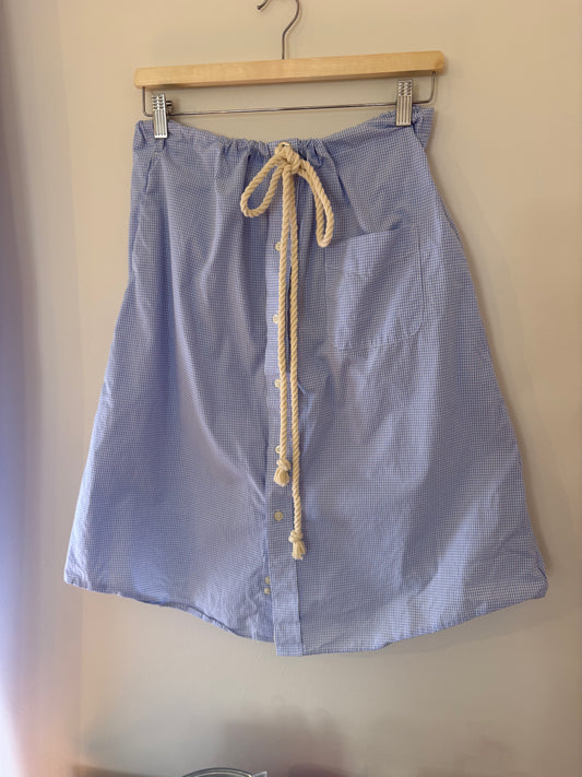 Upcycled Blue White Check II Shirt Skirt with Rope Tie