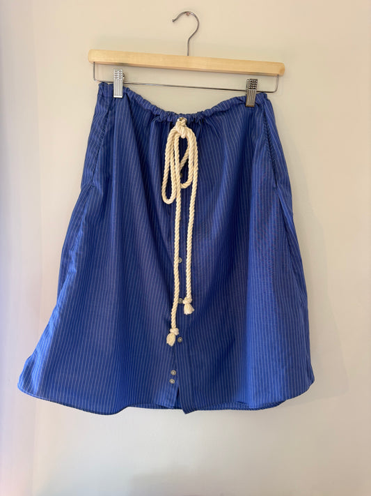 Upcycled Blue Stripe Shirt Skirt with Rope Tie