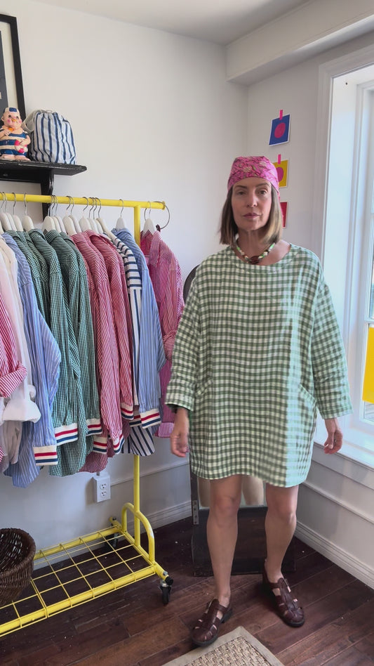 GREEN WHITE GINGHAM LINEN TUNIC DRESS